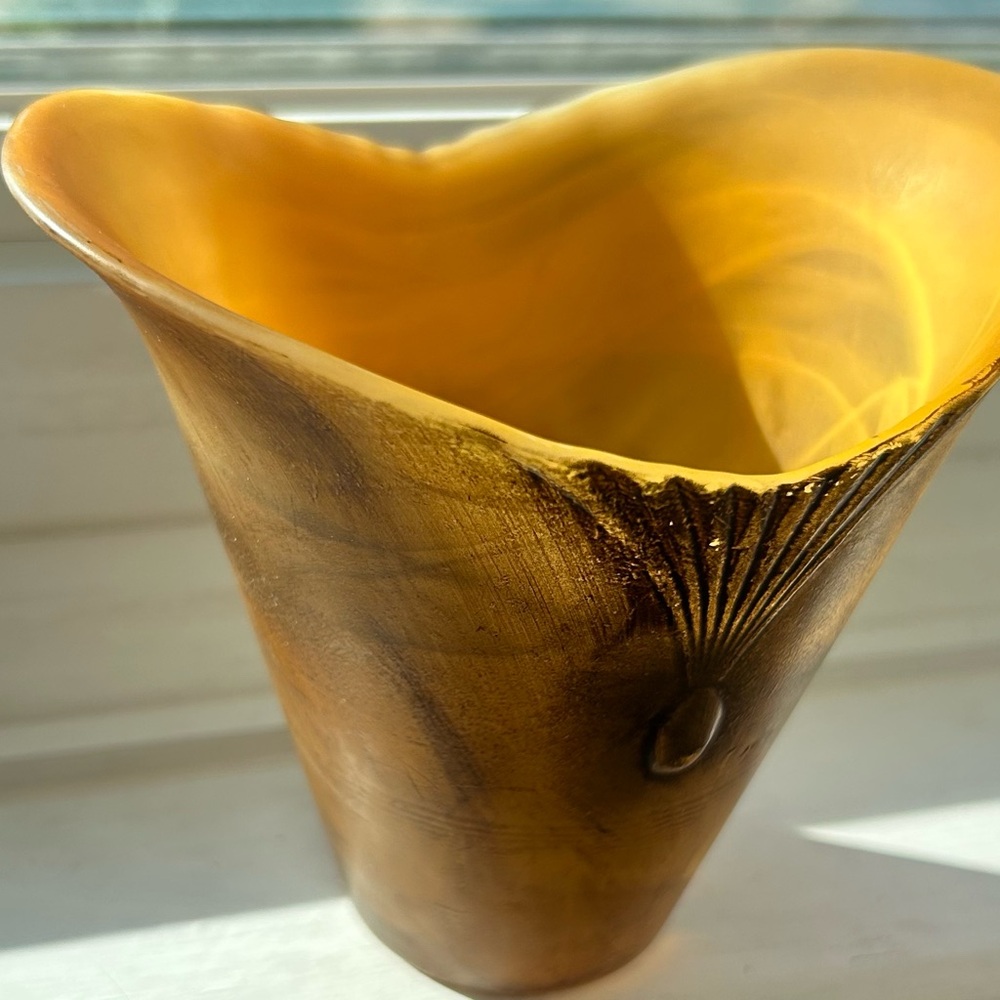 Italian Amber Art Glass Vase Scalloped Rim Organic MCM Style Decor